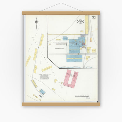 Old map wall art mockup — magnetic wood frame on white wall — Sanborn Fire Insurance Map from Alpena, Alpena County, Michigan (1910), Sheet #0033