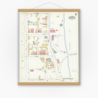 Old map wall art mockup — magnetic wood frame on white wall — Sanborn Fire Insurance Map from Wrightsville, York County, Pennsylvania (1904), Sheet #0003