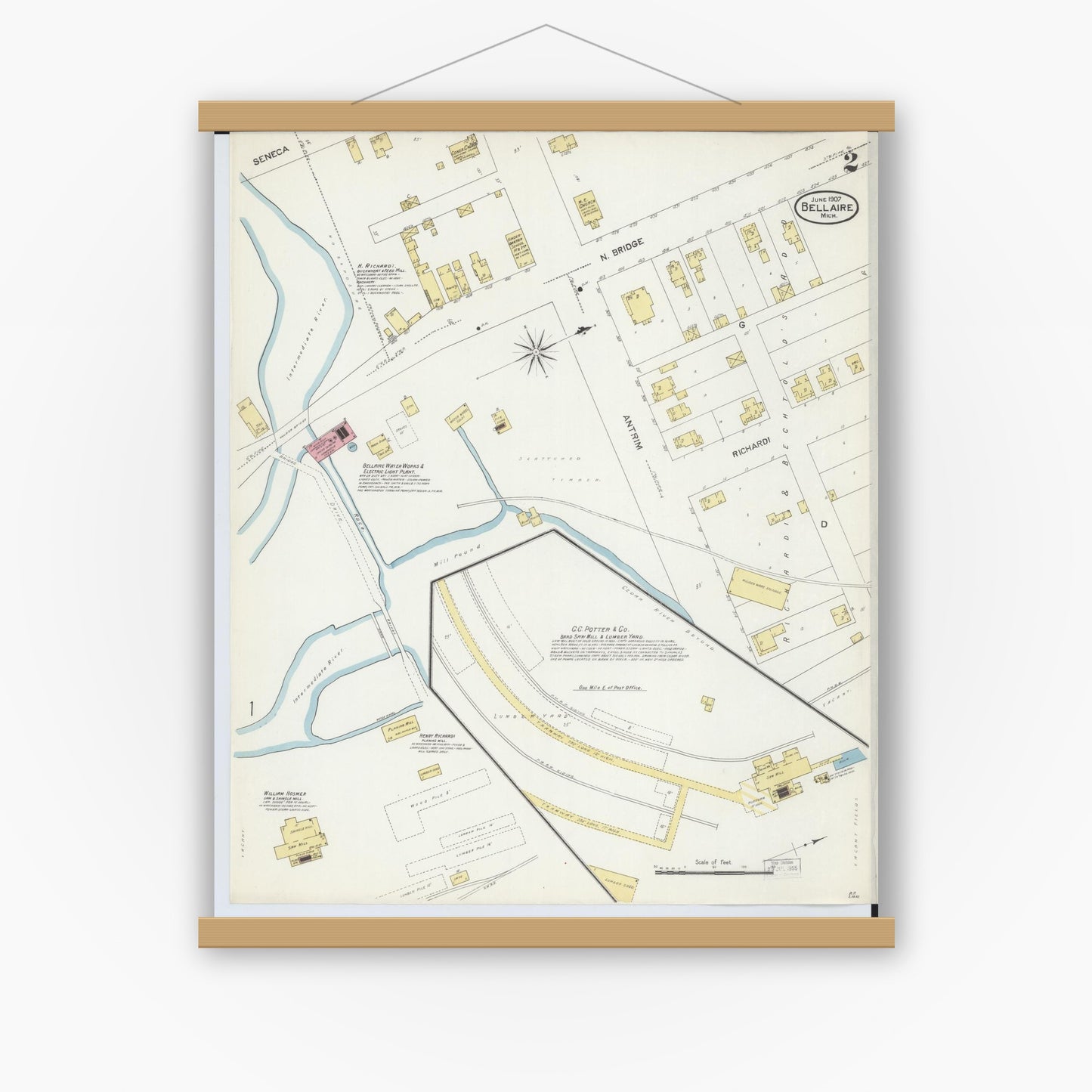 Old map wall art mockup — magnetic wood frame on white wall — Sanborn Fire Insurance Map from Bellaire, Antrim County, Michigan (1907), Sheet #0002