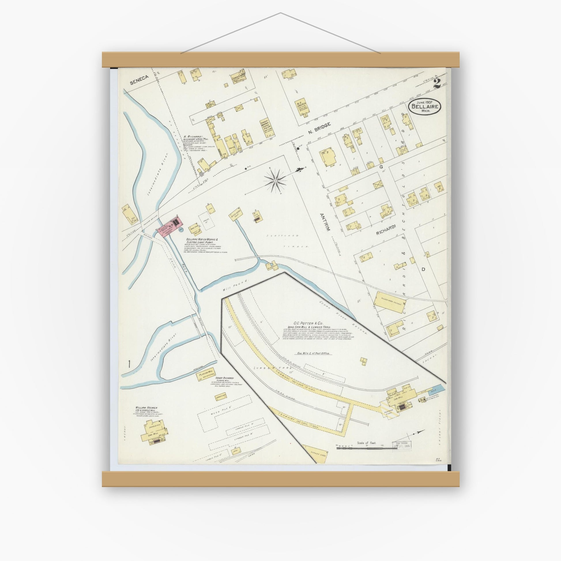 Old map wall art mockup — magnetic wood frame on white wall — Sanborn Fire Insurance Map from Bellaire, Antrim County, Michigan (1907), Sheet #0002