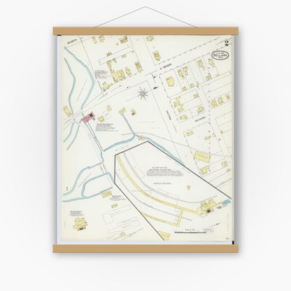 Old map wall art mockup — magnetic wood frame on white wall — Sanborn Fire Insurance Map from Bellaire, Antrim County, Michigan (1907), Sheet #0002