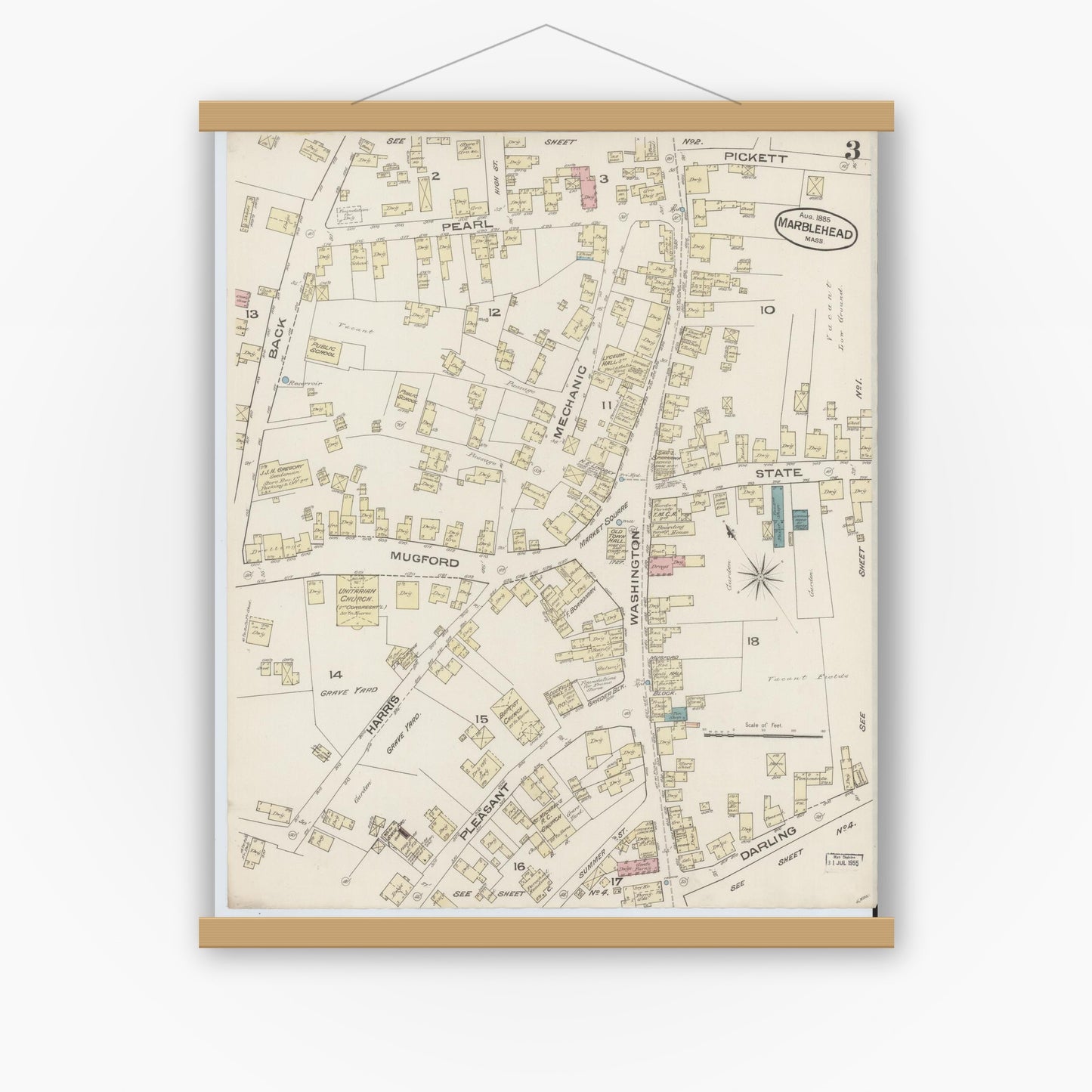 Old map wall art mockup — magnetic wood frame on white wall — Sanborn Fire Insurance Map from Marblehead, Essex County, Massachusetts (1885), Sheet #0003