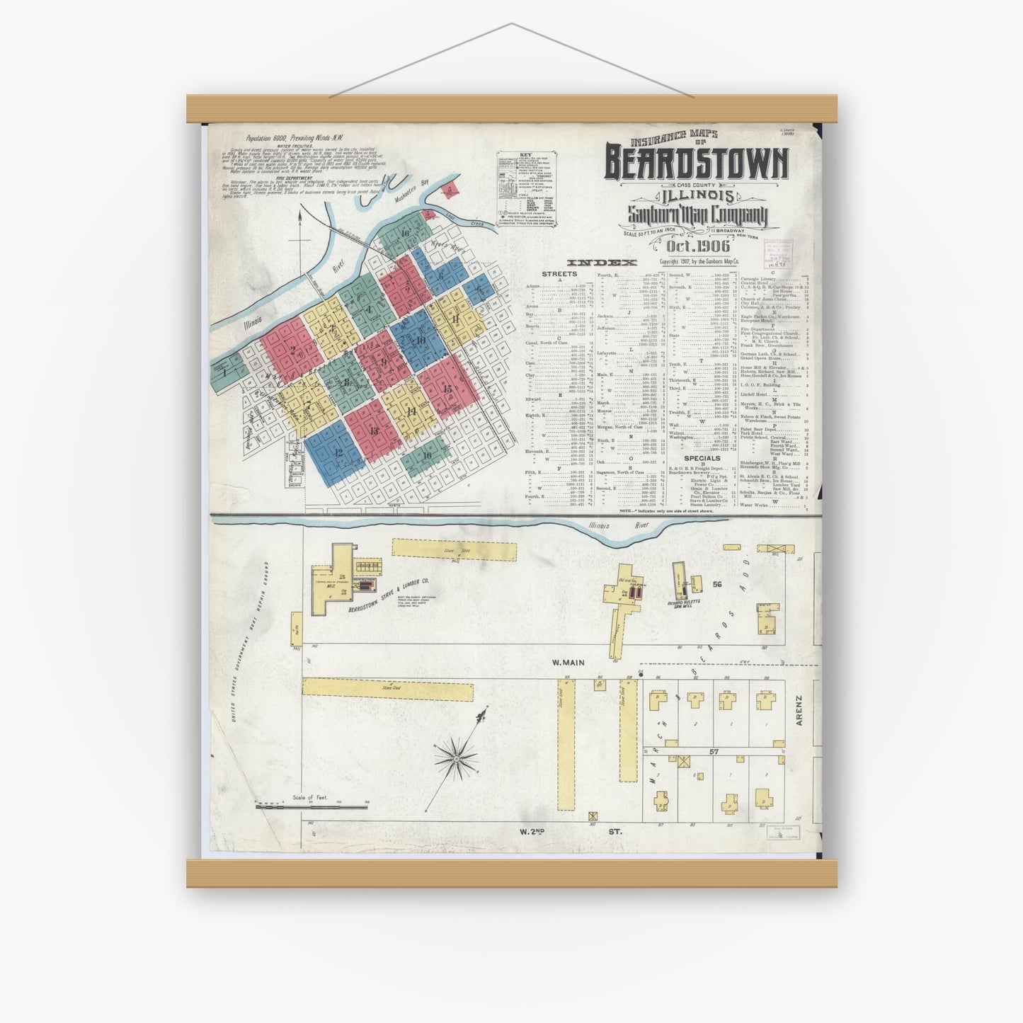 Old map wall art mockup — magnetic wood frame on white wall — Sanborn Fire Insurance Map from Beardstown, Cass County, Illinois (1906) - Complete Map Set
