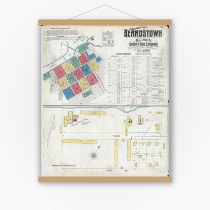 Old map wall art mockup — magnetic wood frame on white wall — Sanborn Fire Insurance Map from Beardstown, Cass County, Illinois (1906) - Complete Map Set