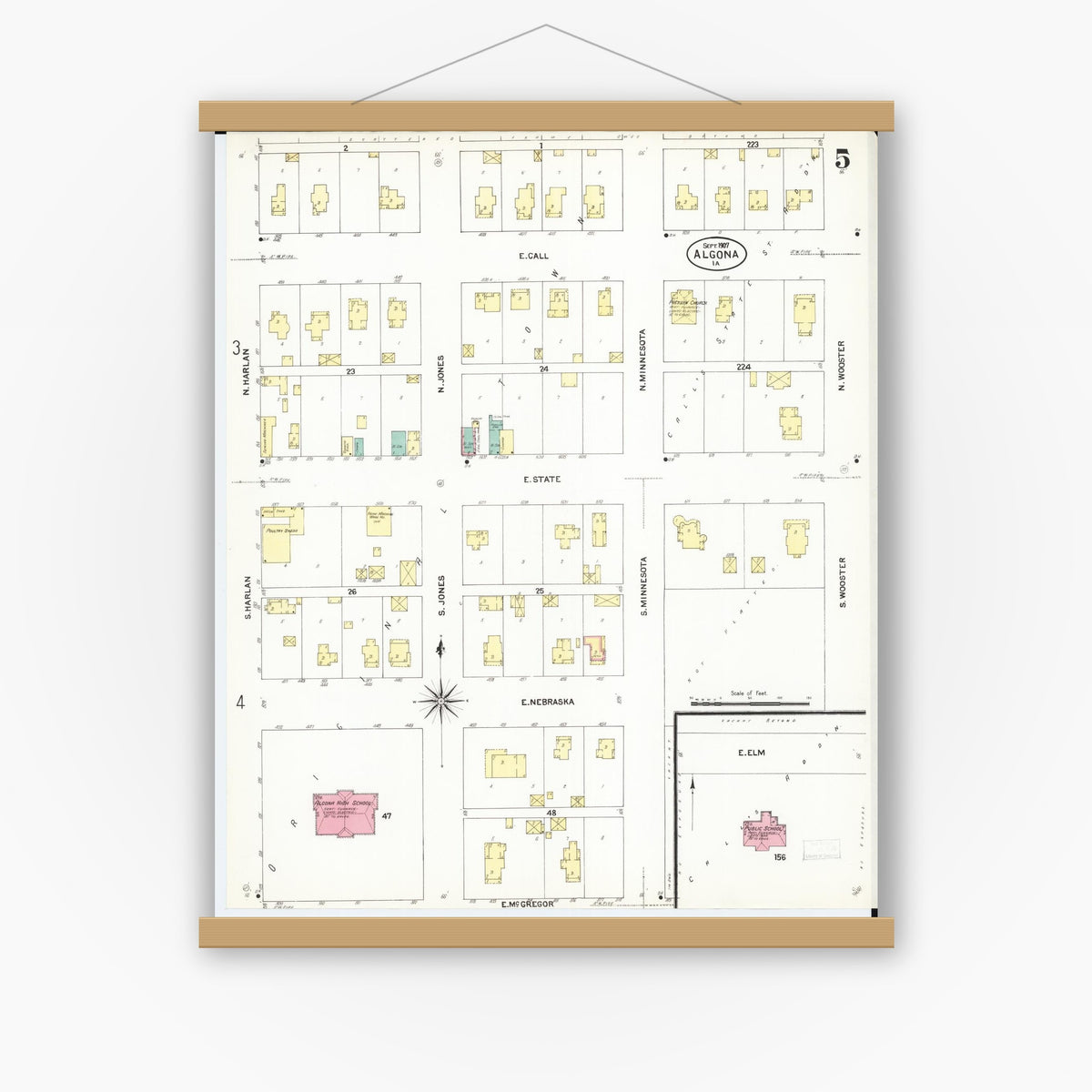 Old map wall art mockup — magnetic wood frame on white wall — Sanborn Fire Insurance Map from Algona, Kossuth County, Iowa (1907), Sheet #0005