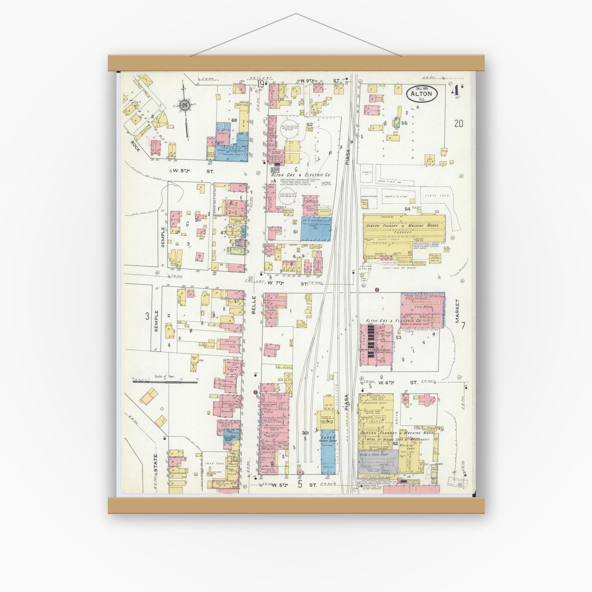 Old map wall art mockup — magnetic wood frame on white wall — Sanborn Fire Insurance Map from Alton, Madison County, Illinois (1915), Sheet #0004