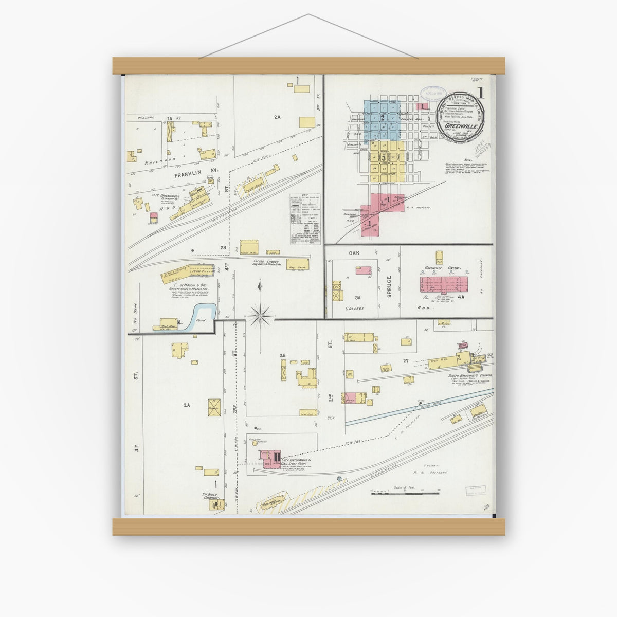 Old map wall art mockup — magnetic wood frame on white wall — Sanborn Fire Insurance Map from Greenville, Bond County, Illinois (1898) - Complete Map Set