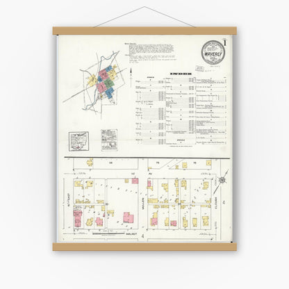 Old map wall art mockup — magnetic wood frame on white wall — Sanborn Fire Insurance Map from Waverly, Pike County, Ohio (1921) - Complete Map Set