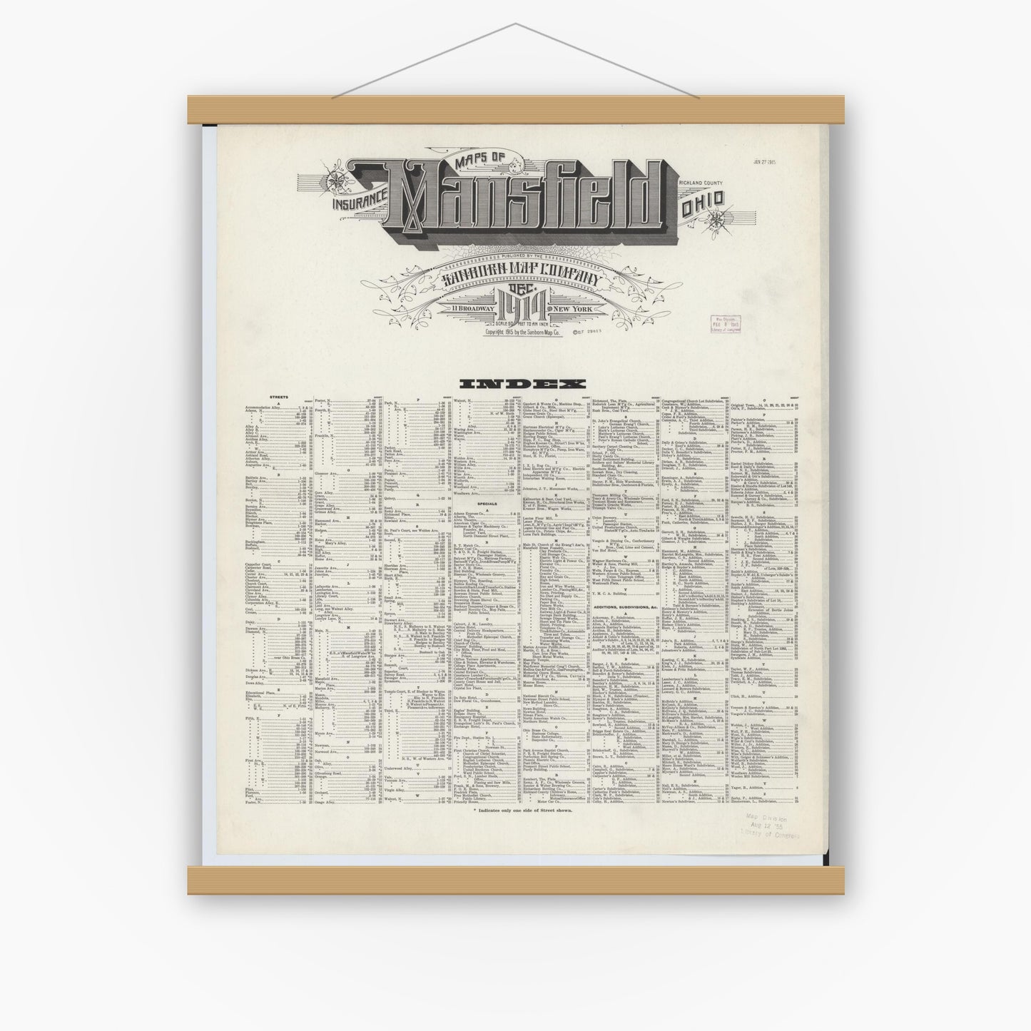 Old map wall art mockup — magnetic wood frame on white wall — Sanborn Fire Insurance Map from Mansfield, Richland County, Ohio (1914), Sheet #0001