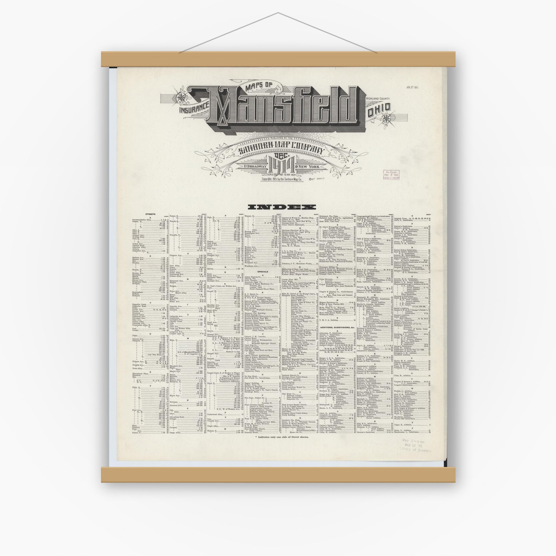 Old map wall art mockup — magnetic wood frame on white wall — Sanborn Fire Insurance Map from Mansfield, Richland County, Ohio (1914), Sheet #0001