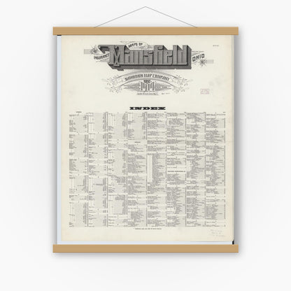 Old map wall art mockup — magnetic wood frame on white wall — Sanborn Fire Insurance Map from Mansfield, Richland County, Ohio (1914), Sheet #0001