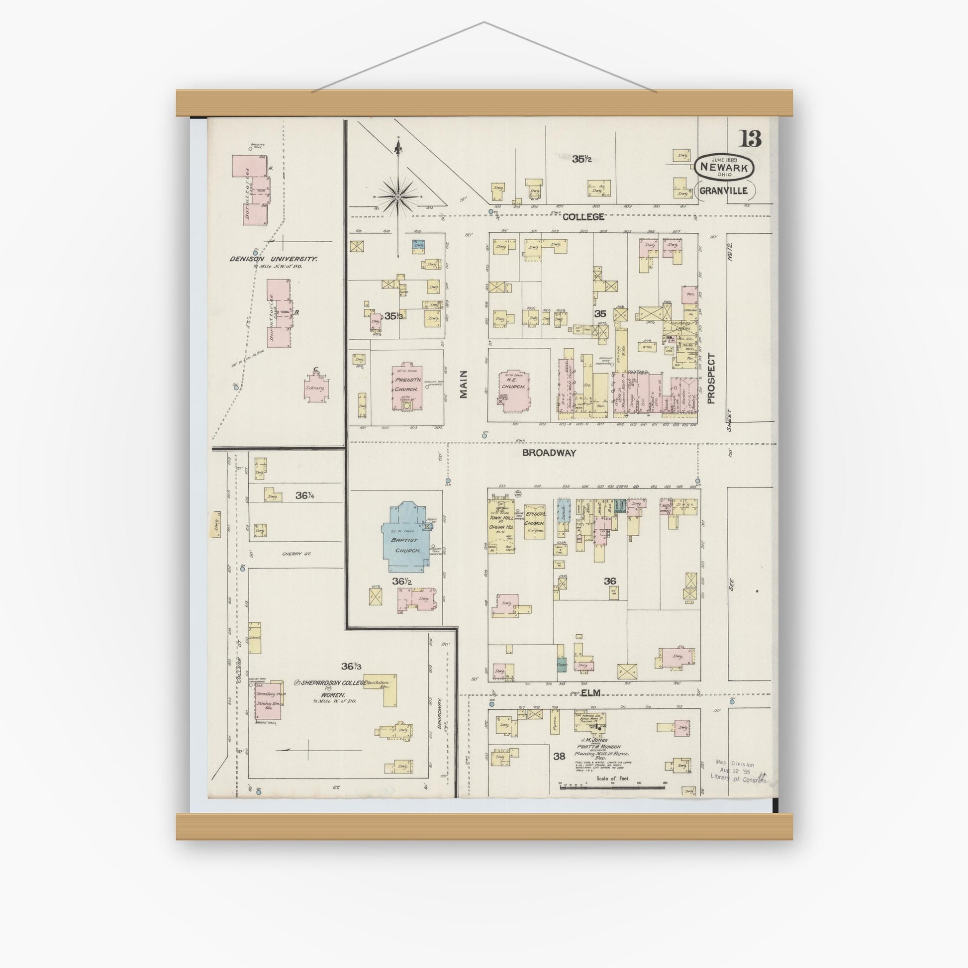 Old map wall art mockup — magnetic wood frame on white wall — Sanborn Fire Insurance Map from Newark, Licking County, Ohio (1889), Sheet #0013