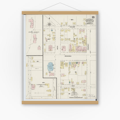 Old map wall art mockup — magnetic wood frame on white wall — Sanborn Fire Insurance Map from Newark, Licking County, Ohio (1889), Sheet #0013