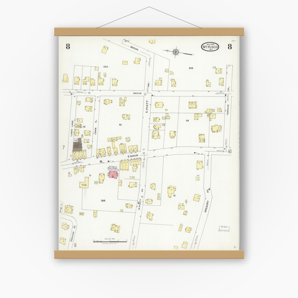 Old map wall art mockup — magnetic wood frame on white wall — Sanborn Fire Insurance Map from Mount Kisco, Westchester County, New York (1925), Sheet #0008