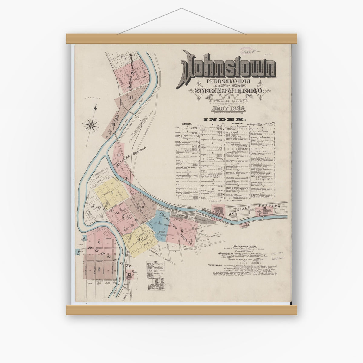 Old map wall art mockup — magnetic wood frame on white wall — Sanborn Fire Insurance Map from Johnstown, Cambria County, Pennsylvania (1886) - Complete Map Set
