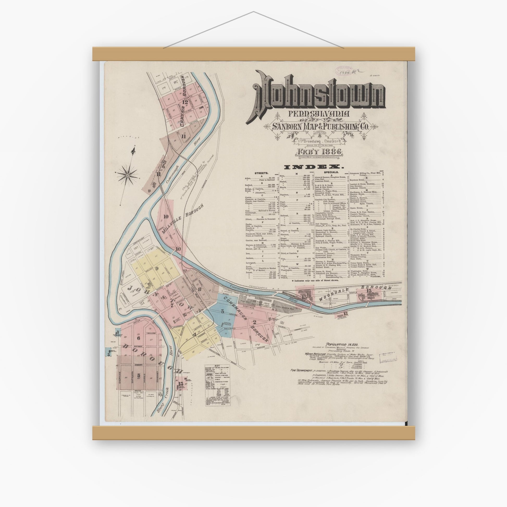 Old map wall art mockup — magnetic wood frame on white wall — Sanborn Fire Insurance Map from Johnstown, Cambria County, Pennsylvania (1886) - Complete Map Set
