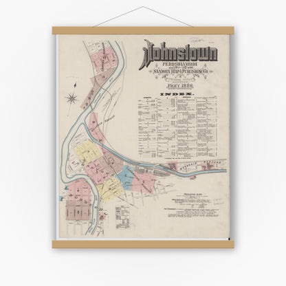 Old map wall art mockup — magnetic wood frame on white wall — Sanborn Fire Insurance Map from Johnstown, Cambria County, Pennsylvania (1886) - Complete Map Set