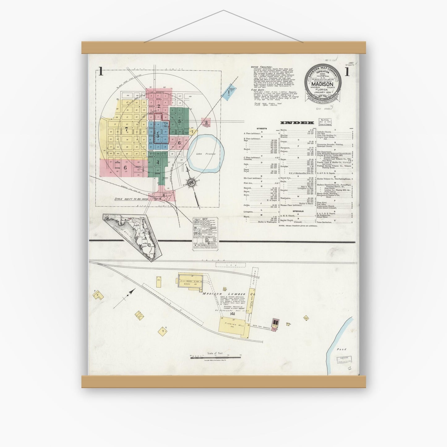 Old map wall art mockup — magnetic wood frame on white wall — Sanborn Fire Insurance Map from Madison, Madison County, Florida (1924), Sheet #0001
