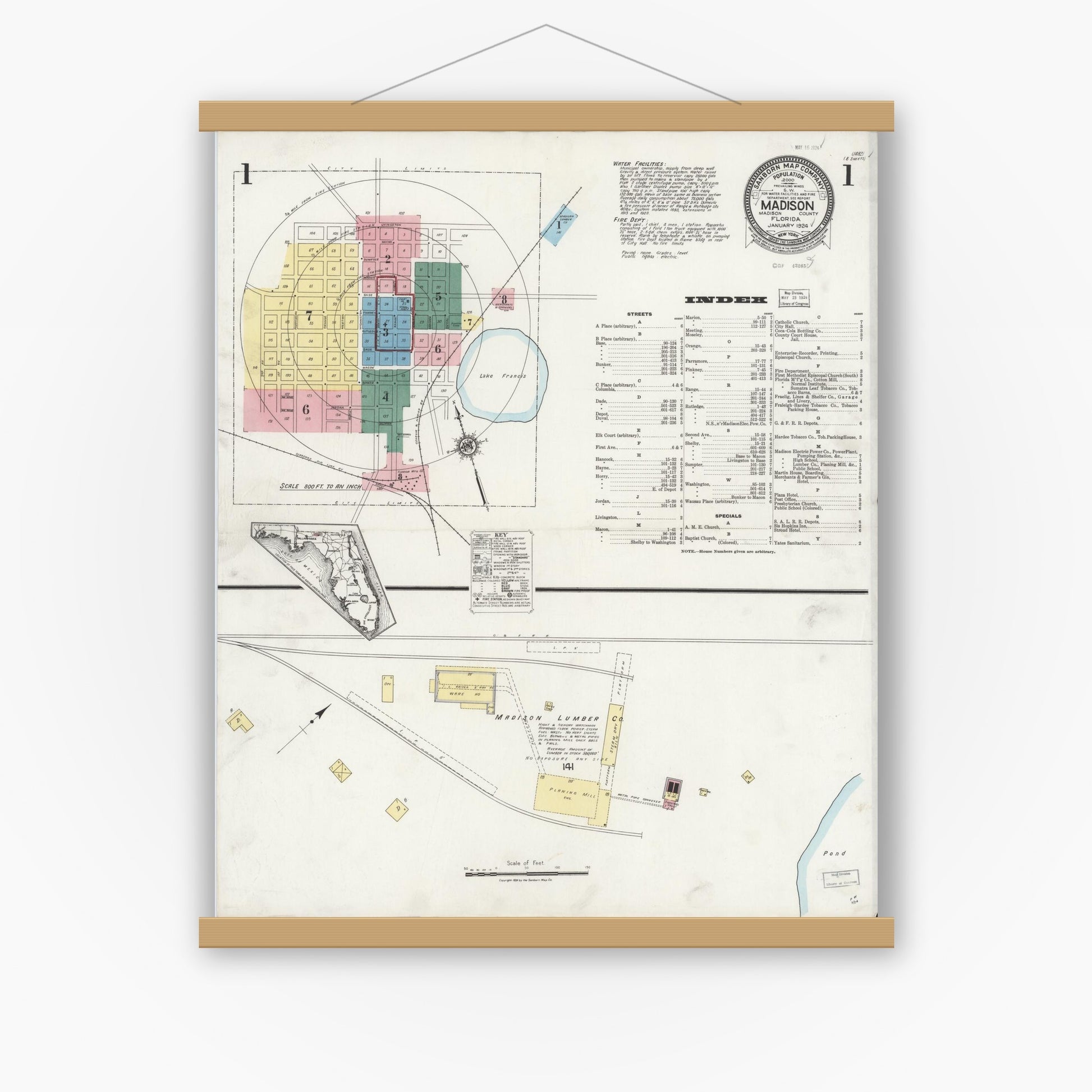 Old map wall art mockup — magnetic wood frame on white wall — Sanborn Fire Insurance Map from Madison, Madison County, Florida (1924), Sheet #0001