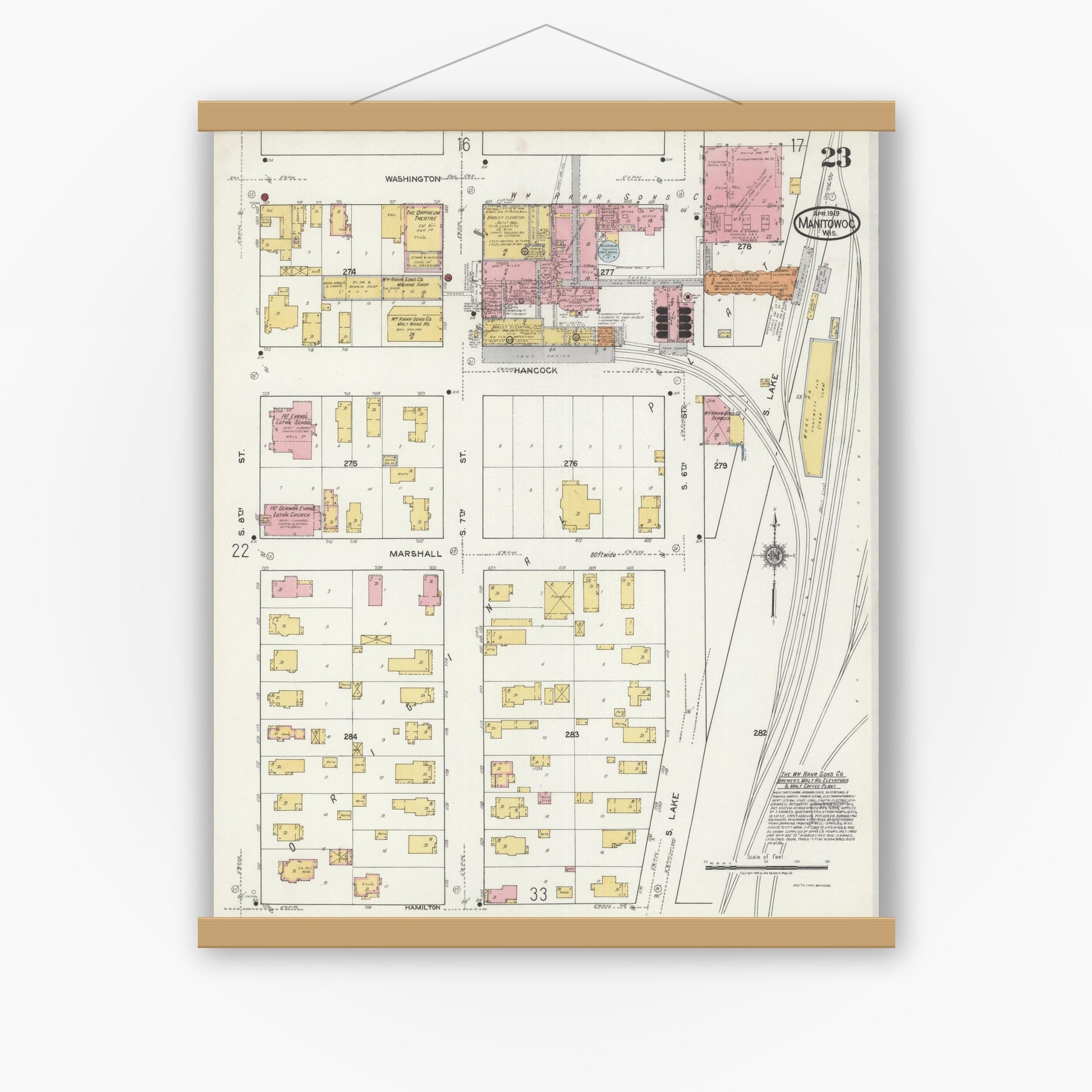 Old map wall art mockup — magnetic wood frame on white wall — Sanborn Fire Insurance Map from Manitowoc, Manitowoc County, Wisconsin (1919), Sheet #0023