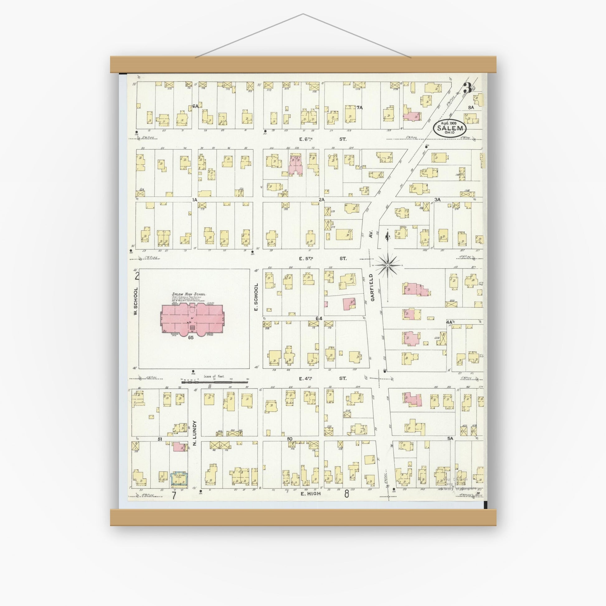 Old map wall art mockup — magnetic wood frame on white wall — Sanborn Fire Insurance Map from Salem, Columbiana County, Ohio (1909), Sheet #0003