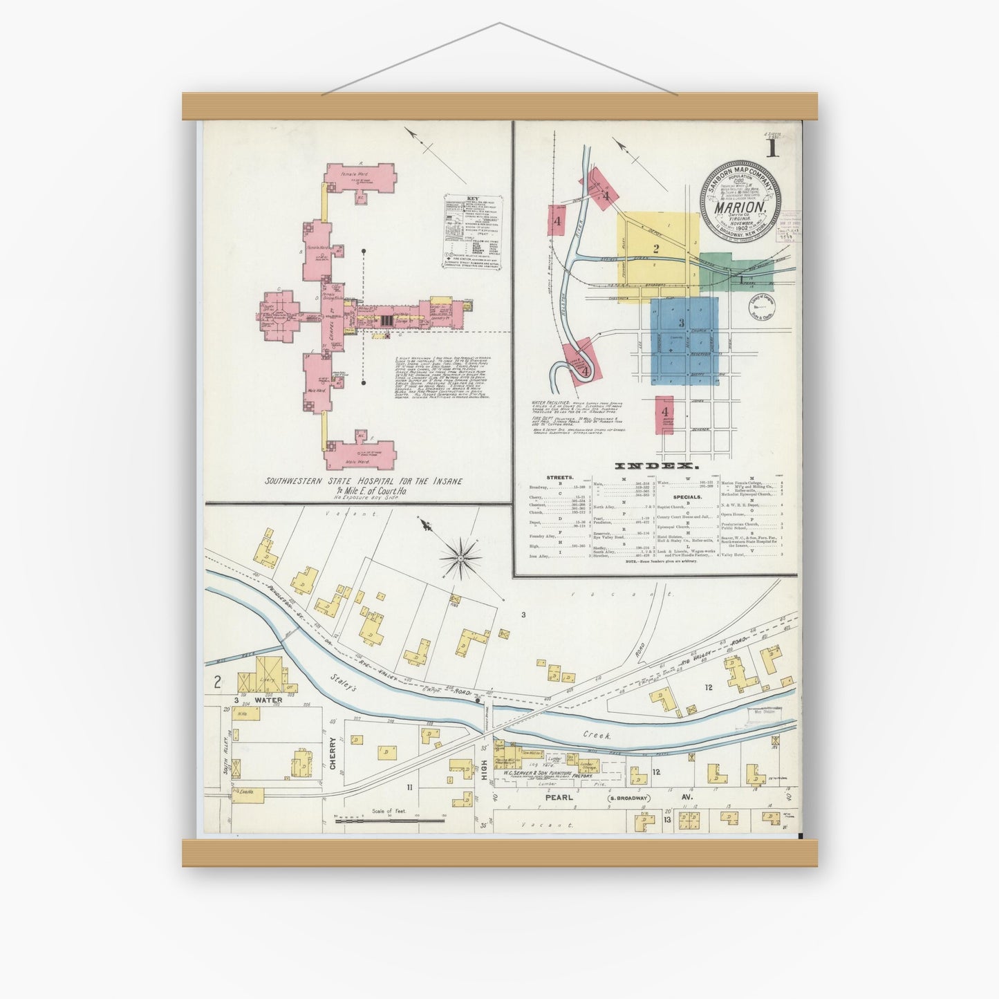 Old map wall art mockup — magnetic wood frame on white wall — Sanborn Fire Insurance Map from Marion, Smyth County, Virginia (1902) - Complete Map Set