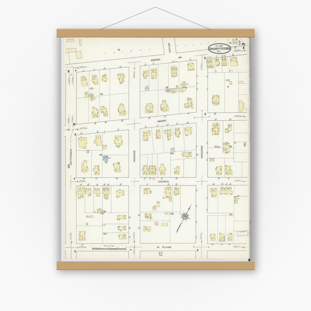 Old map wall art mockup — magnetic wood frame on white wall — Sanborn Fire Insurance Map from Hackettstown, Warren County, New Jersey (1914), Sheet #0007