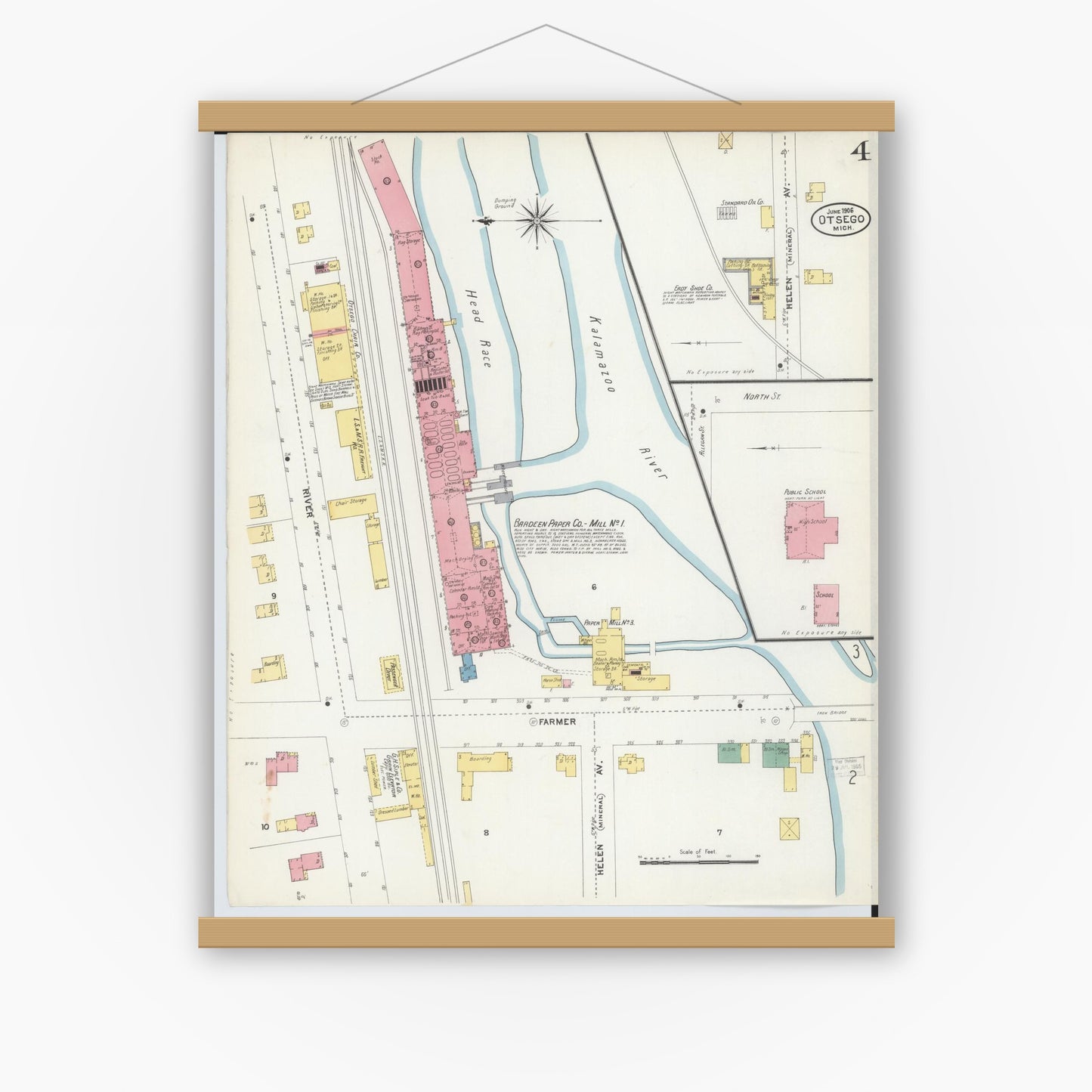 Old map wall art mockup — magnetic wood frame on white wall — Sanborn Fire Insurance Map from Otsego, Allegan County, Michigan (1906), Sheet #0004
