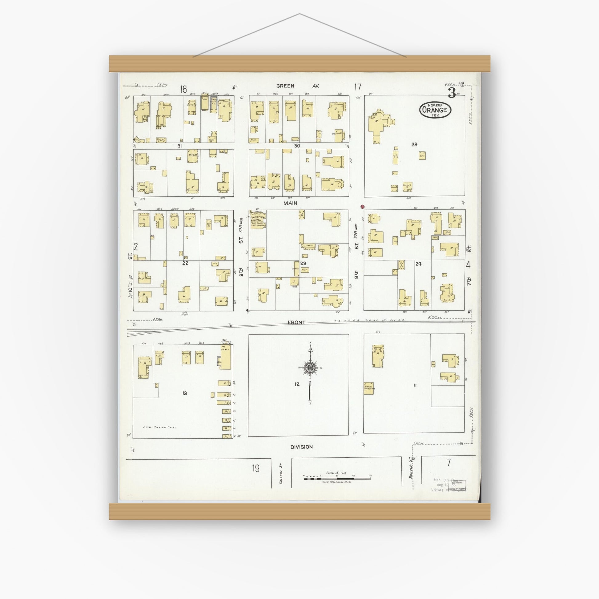 Old map wall art mockup — magnetic wood frame on white wall — Sanborn Fire Insurance Map from Orange, Orange County, Texas (1919), Sheet #0003