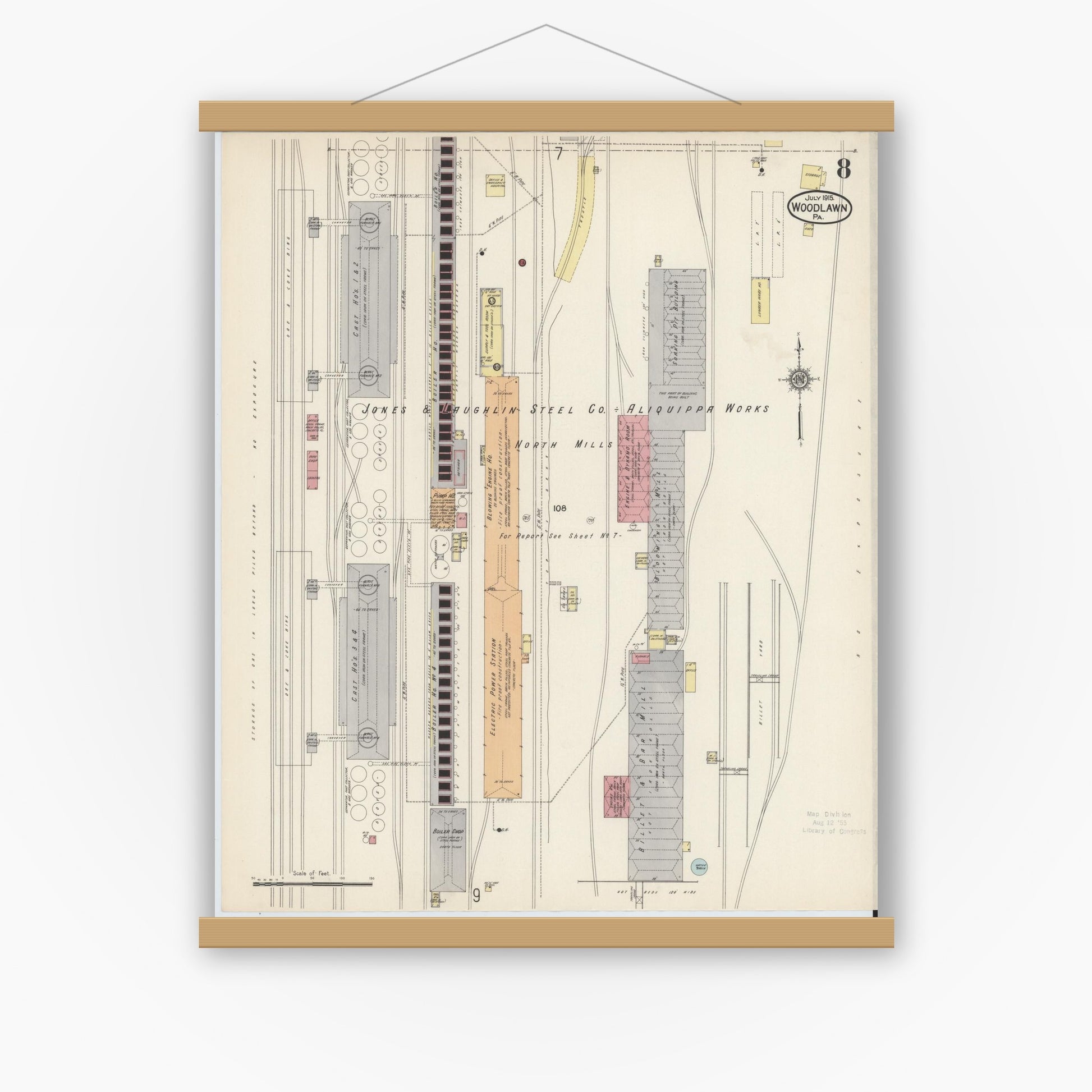 Old map wall art mockup — magnetic wood frame on white wall — Sanborn Fire Insurance Map from Woodlawn, Beaver County, Pennsylvania (1915), Sheet #0008