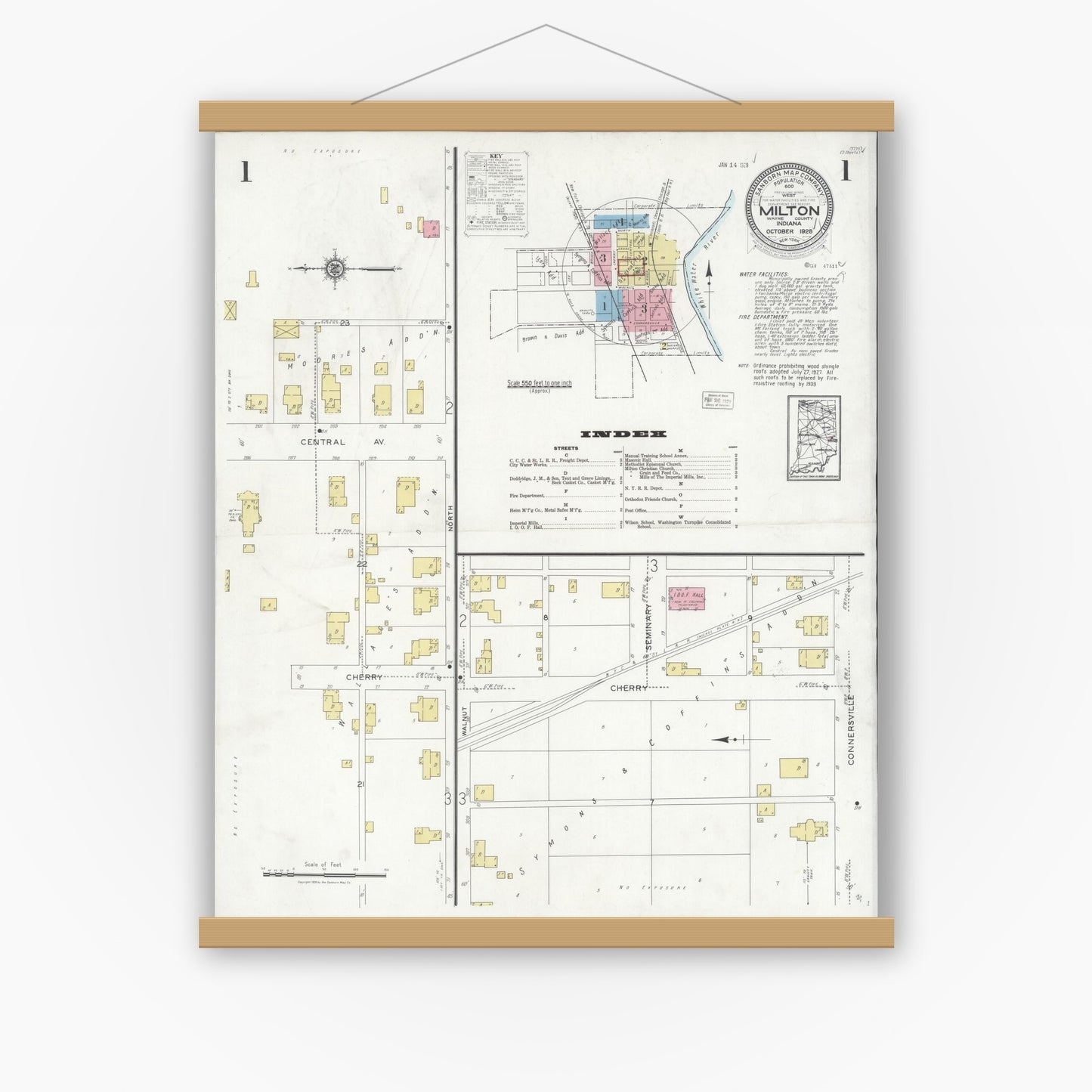 Old map wall art mockup — magnetic wood frame on white wall — Sanborn Fire Insurance Map from Milton, Wayne County, Indiana (1928), Sheet #0001