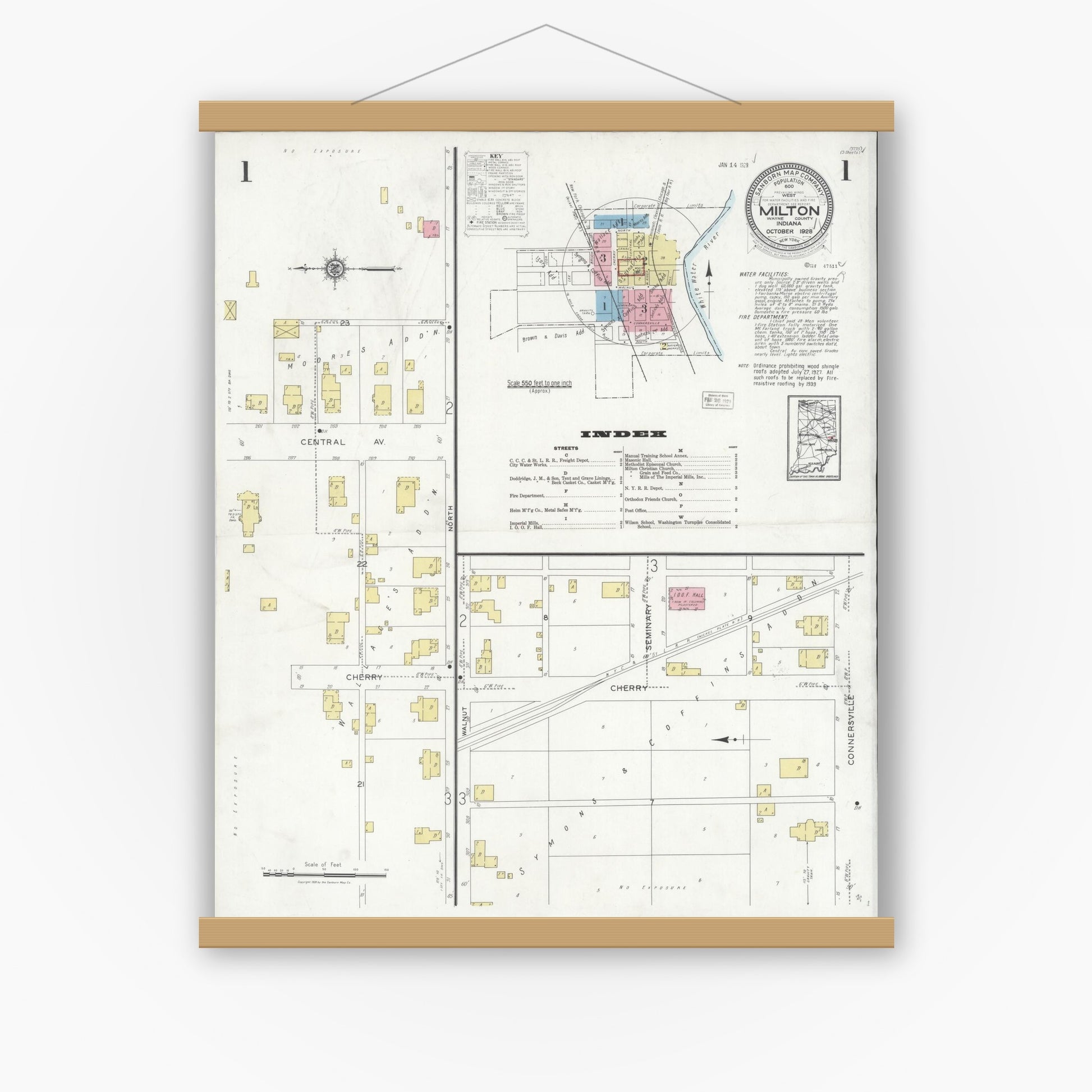 Old map wall art mockup — magnetic wood frame on white wall — Sanborn Fire Insurance Map from Milton, Wayne County, Indiana (1928), Sheet #0001