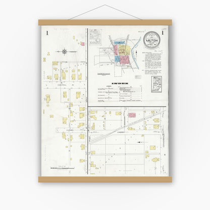 Old map wall art mockup — magnetic wood frame on white wall — Sanborn Fire Insurance Map from Milton, Wayne County, Indiana (1928), Sheet #0001