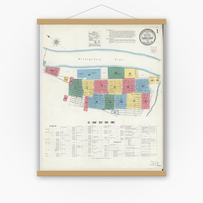 Old map wall art mockup — magnetic wood frame on white wall — Sanborn Fire Insurance Map from Charleroi, Washington County, Pennsylvania (1907) - Complete Map Set