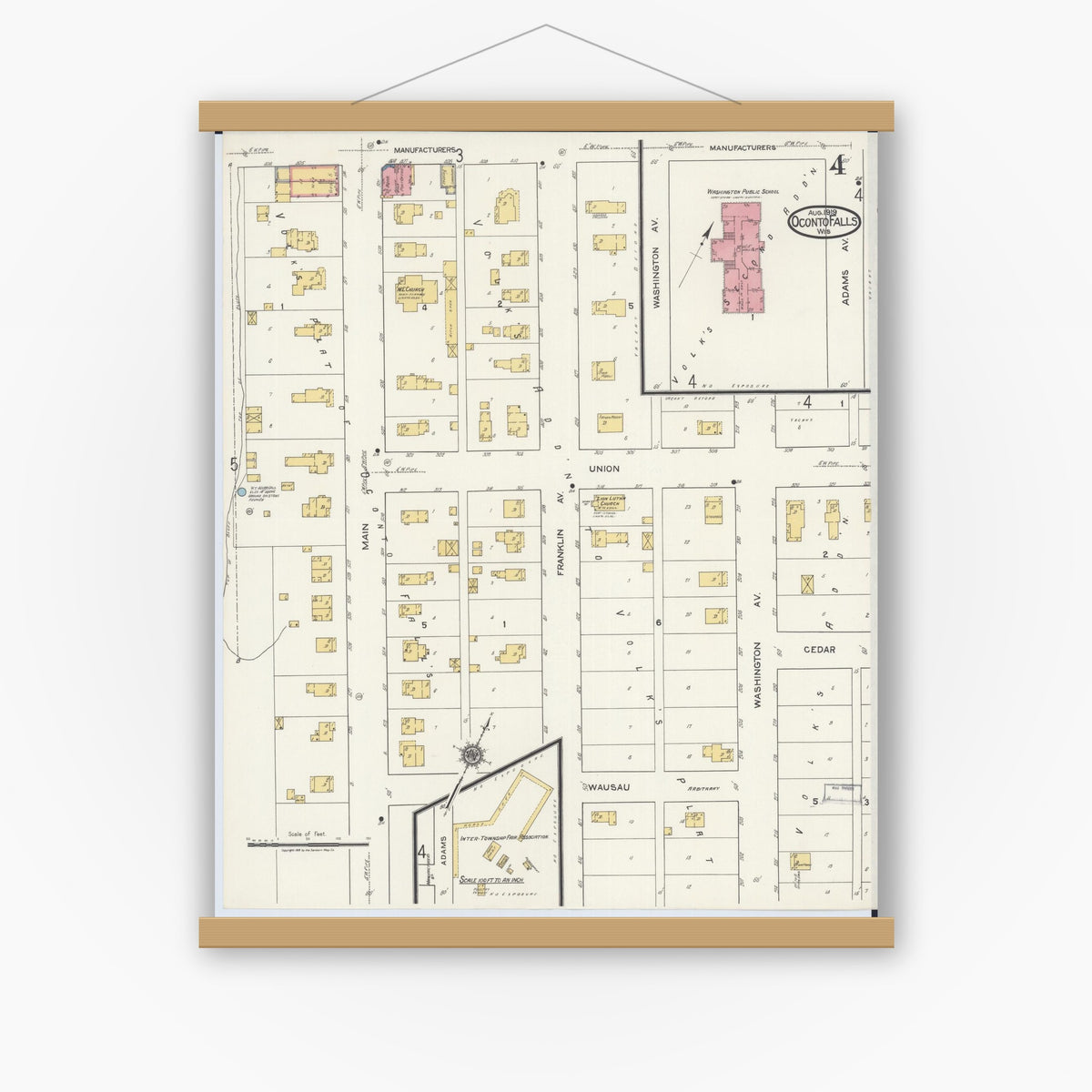 Old map wall art mockup — magnetic wood frame on white wall — Sanborn Fire Insurance Map from Oconto Falls, Oconto County, Wisconsin (1919), Sheet #0004