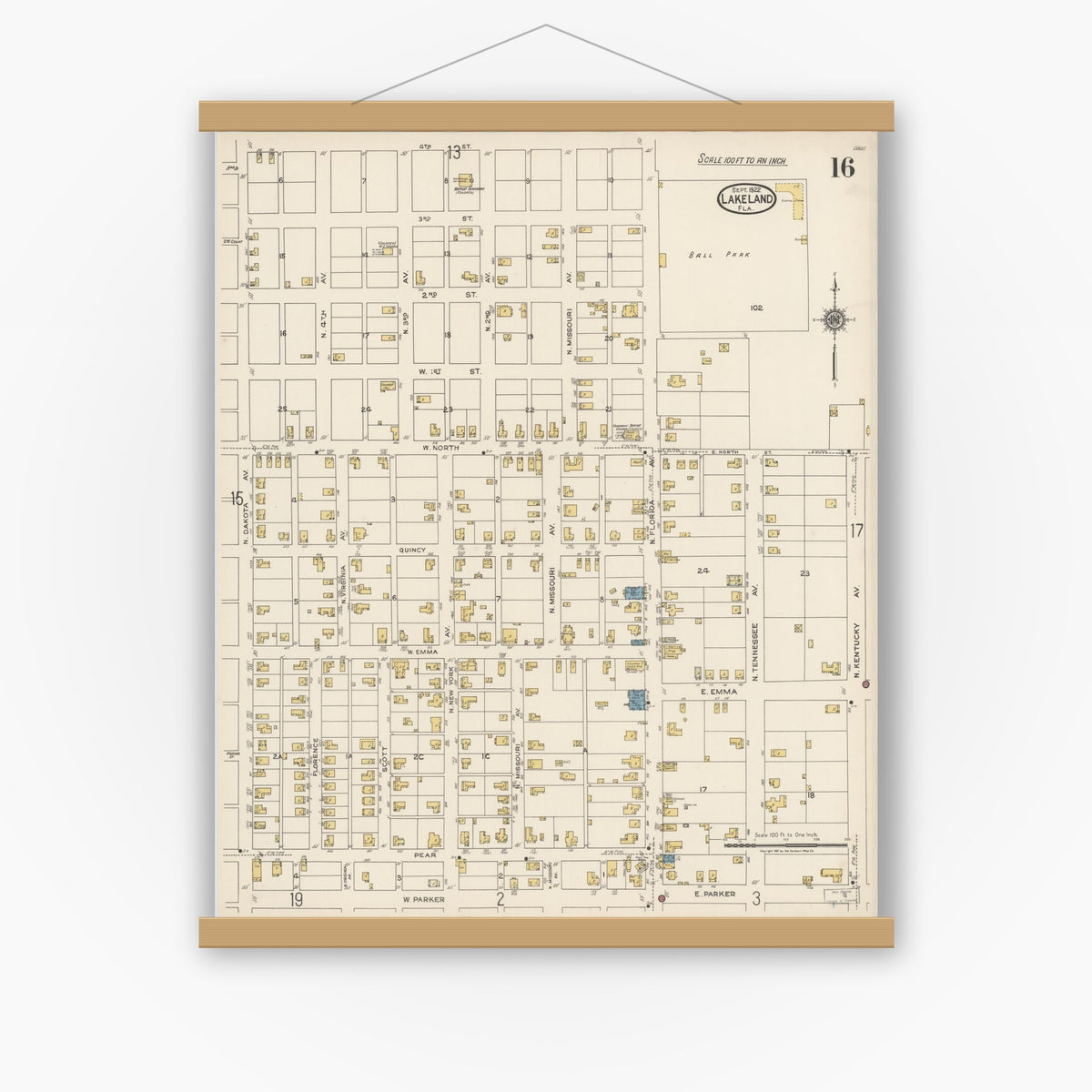 Old map wall art mockup — magnetic wood frame on white wall — Sanborn Fire Insurance Map from Lakeland, Polk County, Florida (1922), Sheet #0016