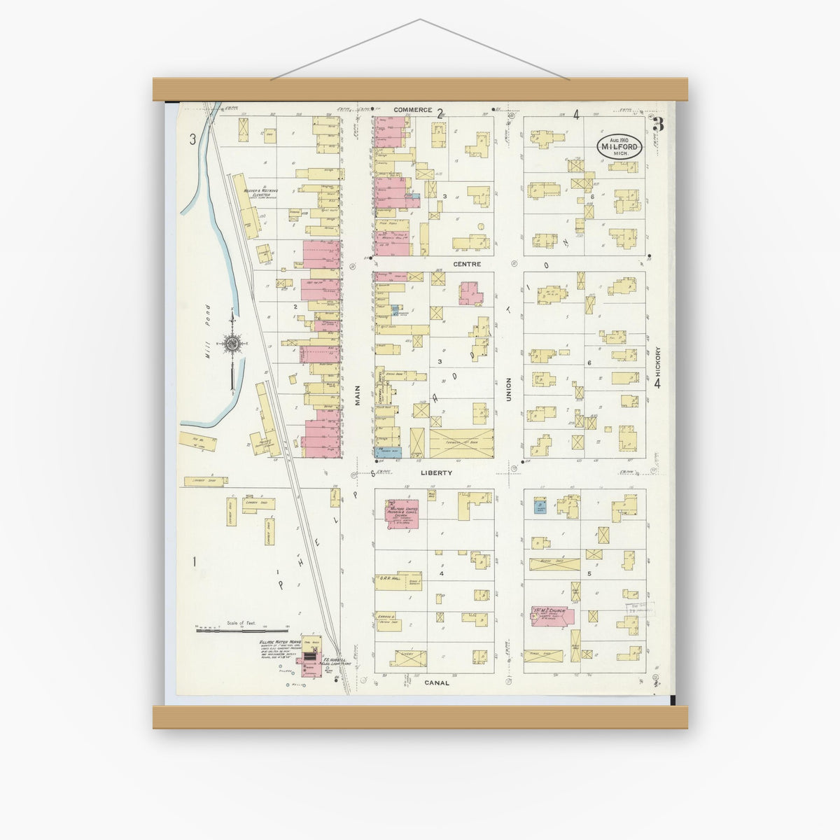 Old map wall art mockup — magnetic wood frame on white wall — Sanborn Fire Insurance Map from Milford, Oakland County, Michigan (1910), Sheet #0003