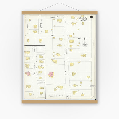 Old map wall art mockup — magnetic wood frame on white wall — Sanborn Fire Insurance Map from Gainesville, Cooke County, Texas (1908), Sheet #0021