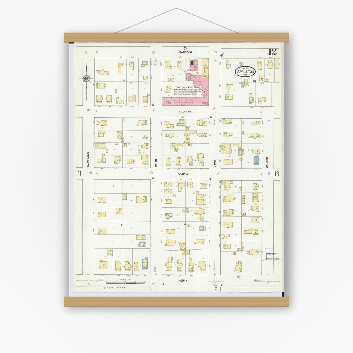 Old map wall art mockup — magnetic wood frame on white wall — Sanborn Fire Insurance Map from Appleton, Outagamie County, Wisconsin (1911), Sheet #0012