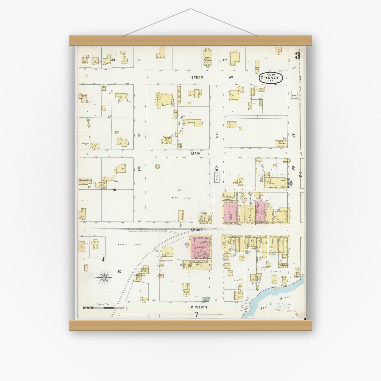 Old map wall art mockup — magnetic wood frame on white wall — Sanborn Fire Insurance Map from Orange, Orange County, Texas (1896), Sheet #0003