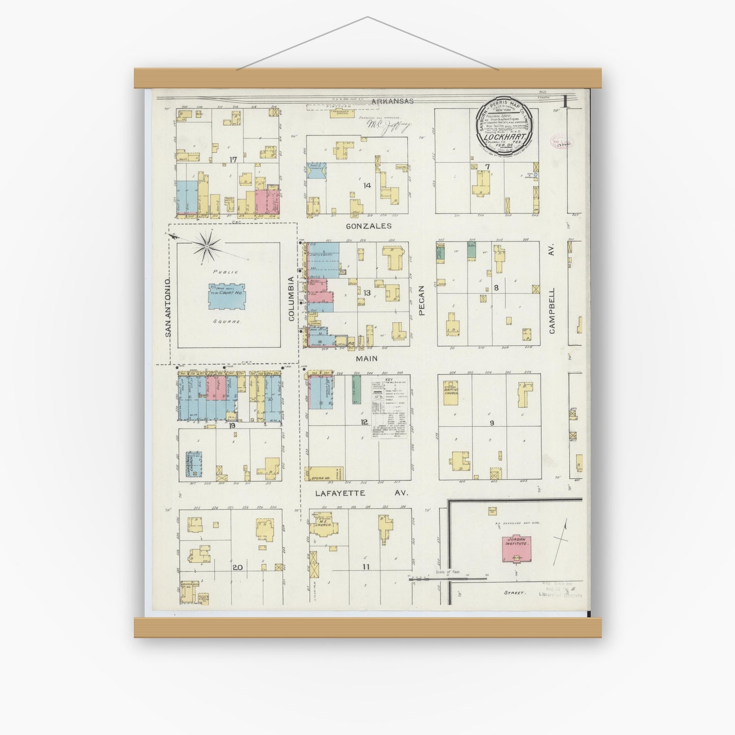 Old map wall art mockup — magnetic wood frame on white wall — Sanborn Fire Insurance Map from Lockhart, Caldwell County, Texas (1894), Sheet #0001