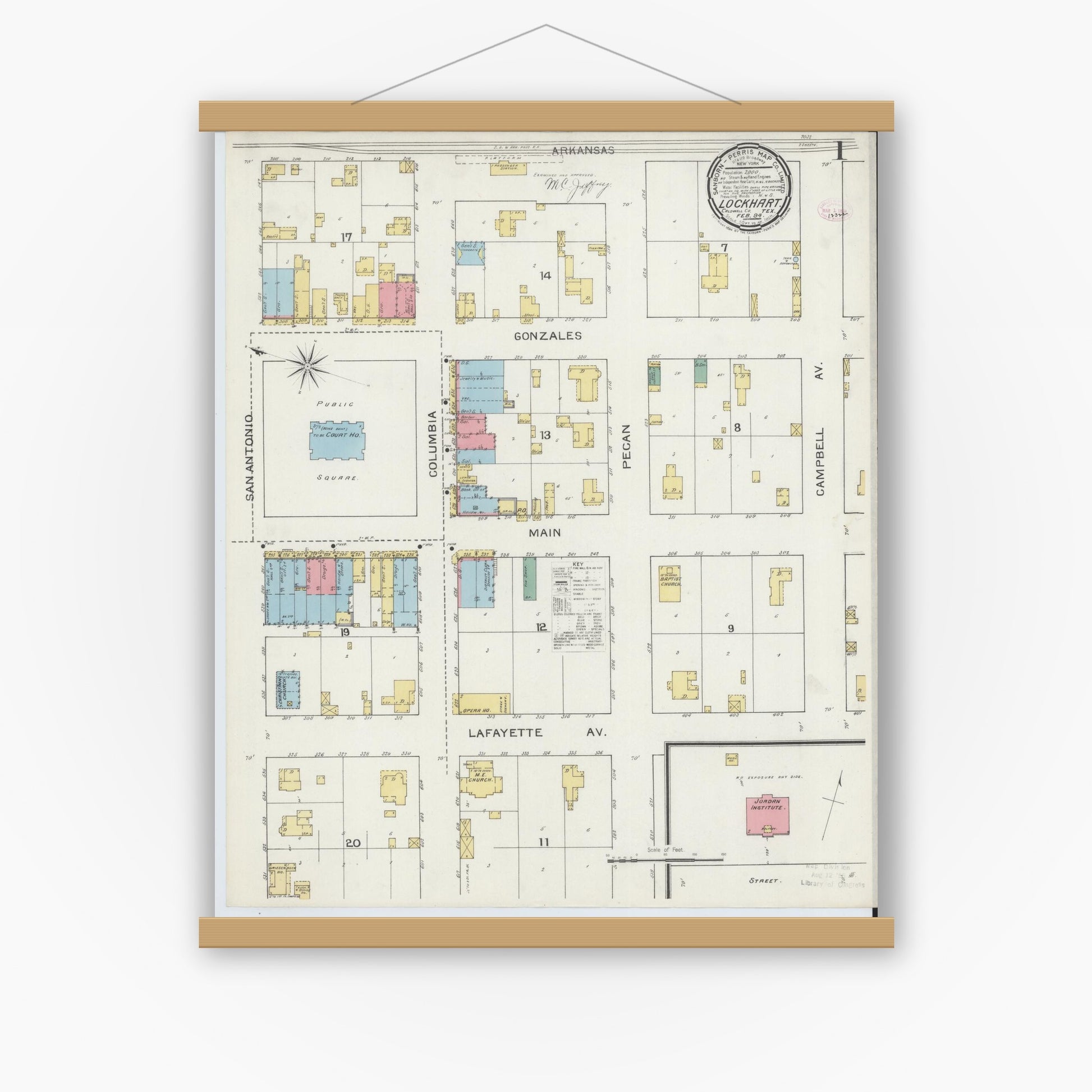 Old map wall art mockup — magnetic wood frame on white wall — Sanborn Fire Insurance Map from Lockhart, Caldwell County, Texas (1894), Sheet #0001