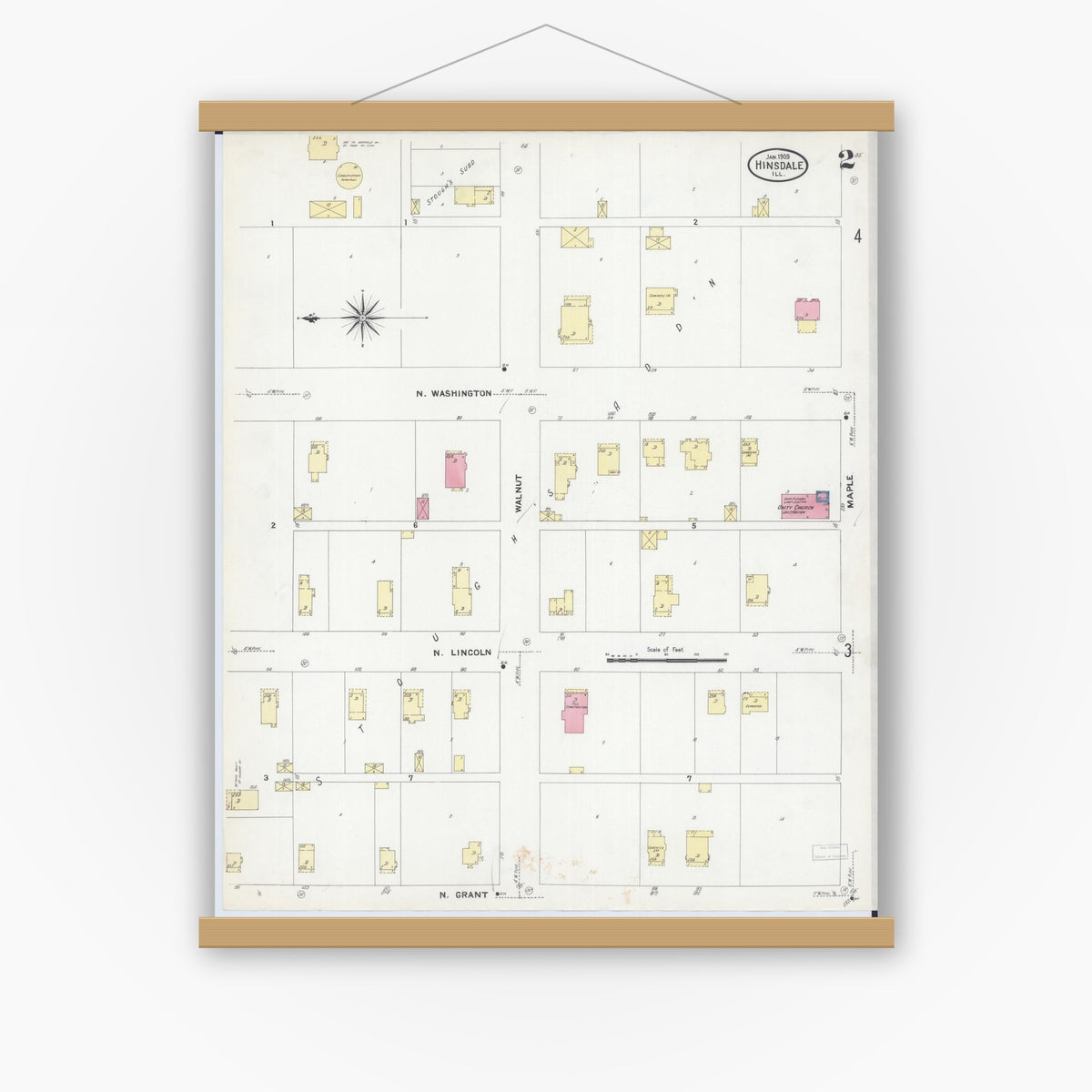 Old map wall art mockup — magnetic wood frame on white wall — Sanborn Fire Insurance Map from Hinsdale, Du Page And Cook Counties, Illinois (1909), Sheet #0002