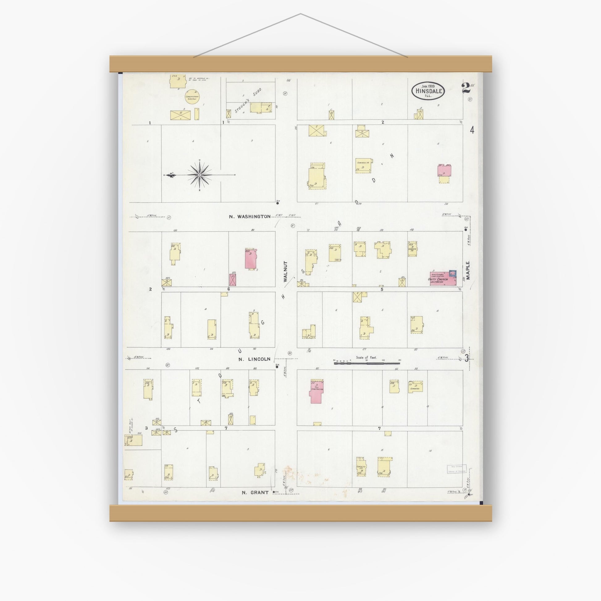 Old map wall art mockup — magnetic wood frame on white wall — Sanborn Fire Insurance Map from Hinsdale, Du Page And Cook Counties, Illinois (1909), Sheet #0002