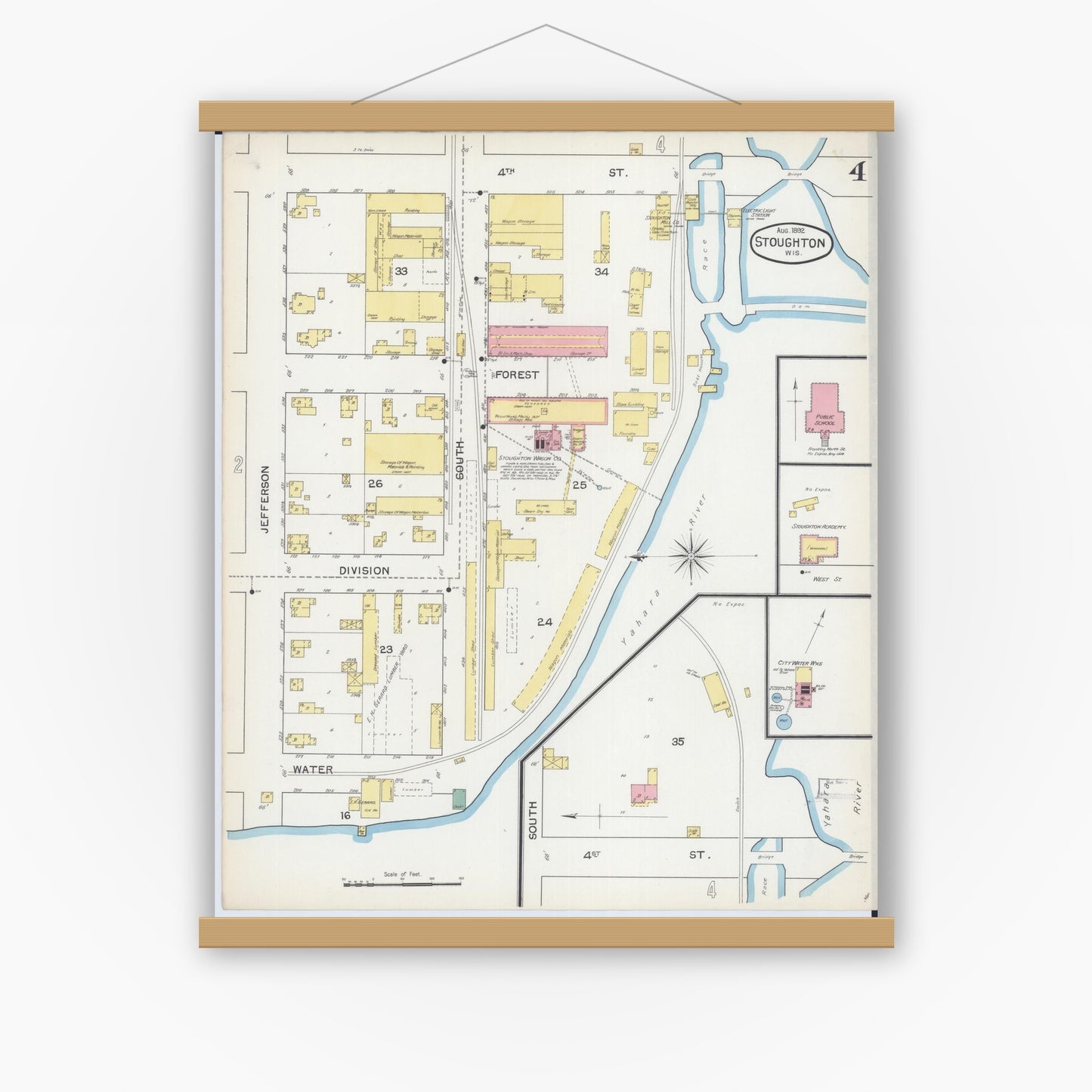 Old map wall art mockup — magnetic wood frame on white wall — Sanborn Fire Insurance Map from Stoughton, Dane County, Wisconsin (1892), Sheet #0004