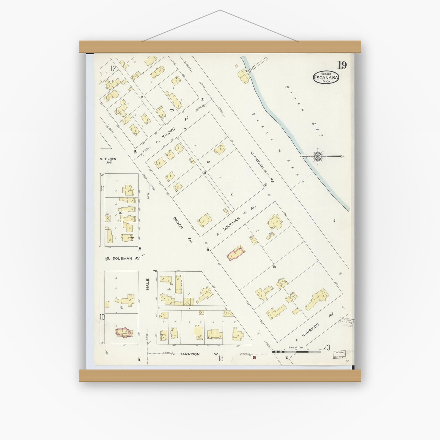 Old map wall art mockup — magnetic wood frame on white wall — Sanborn Fire Insurance Map from Escanaba, Delta County, Michigan (1913), Sheet #0019