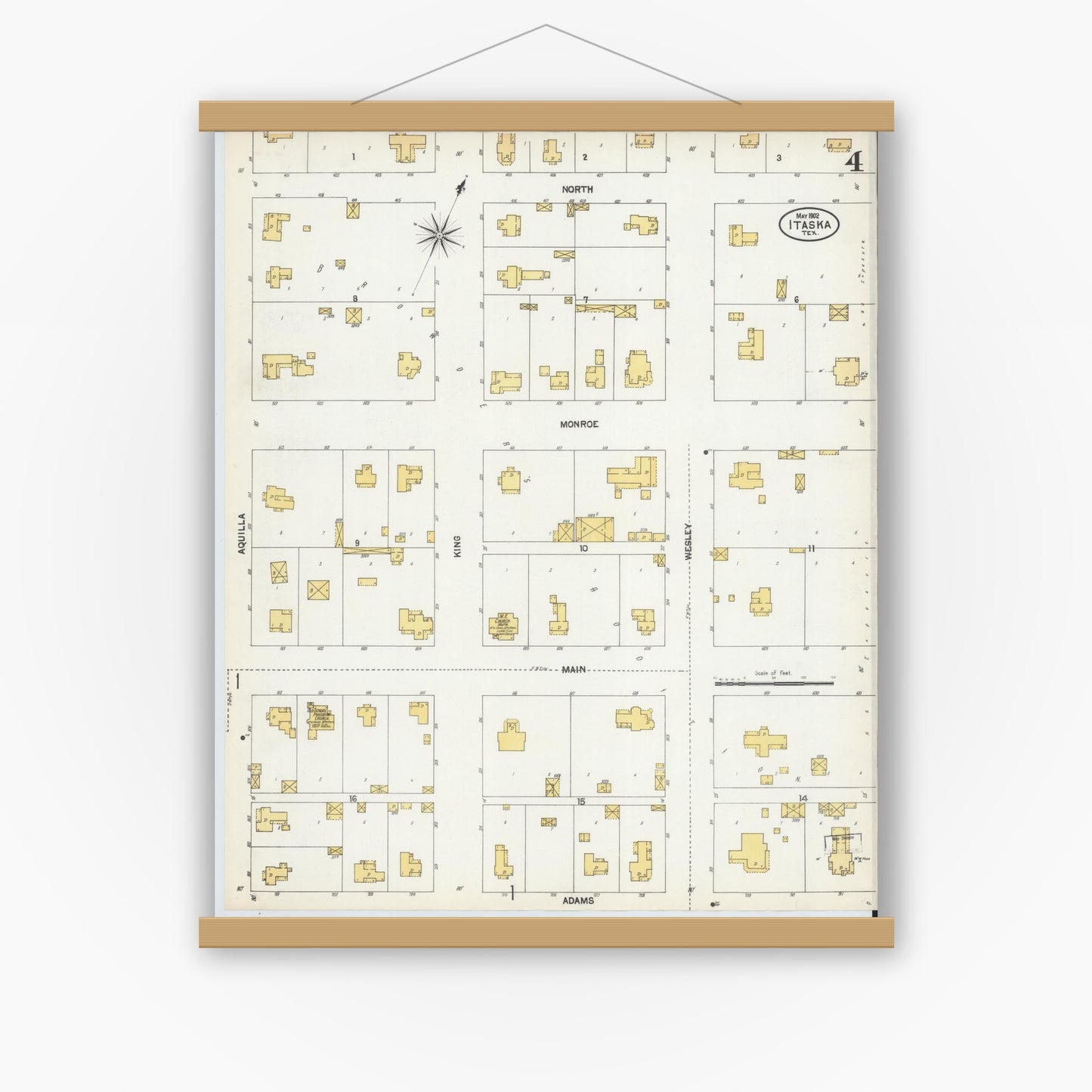 Old map wall art mockup — magnetic wood frame on white wall — Sanborn Fire Insurance Map from Itasca, Hill County, Texas (1902), Sheet #0004