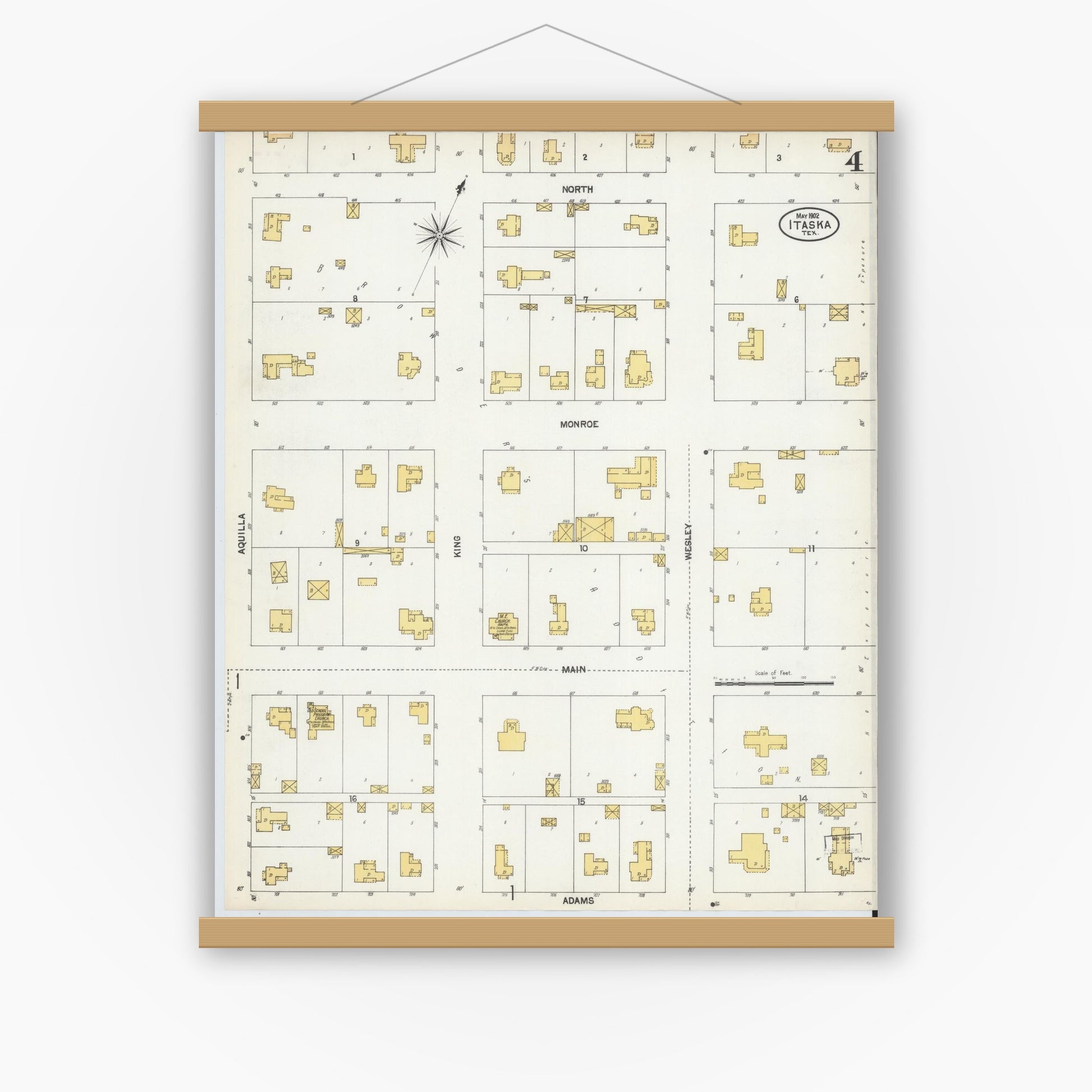 Old map wall art mockup — magnetic wood frame on white wall — Sanborn Fire Insurance Map from Itasca, Hill County, Texas (1902), Sheet #0004