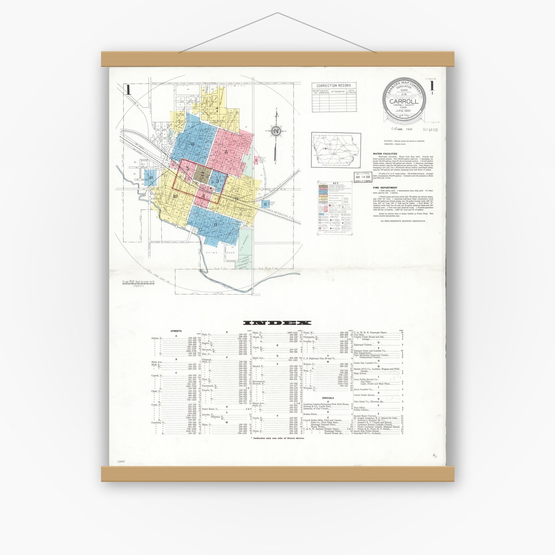 Old map wall art mockup — magnetic wood frame on white wall — Sanborn Fire Insurance Map from Carroll, Carroll County, Iowa (1935) â€” Complete Set