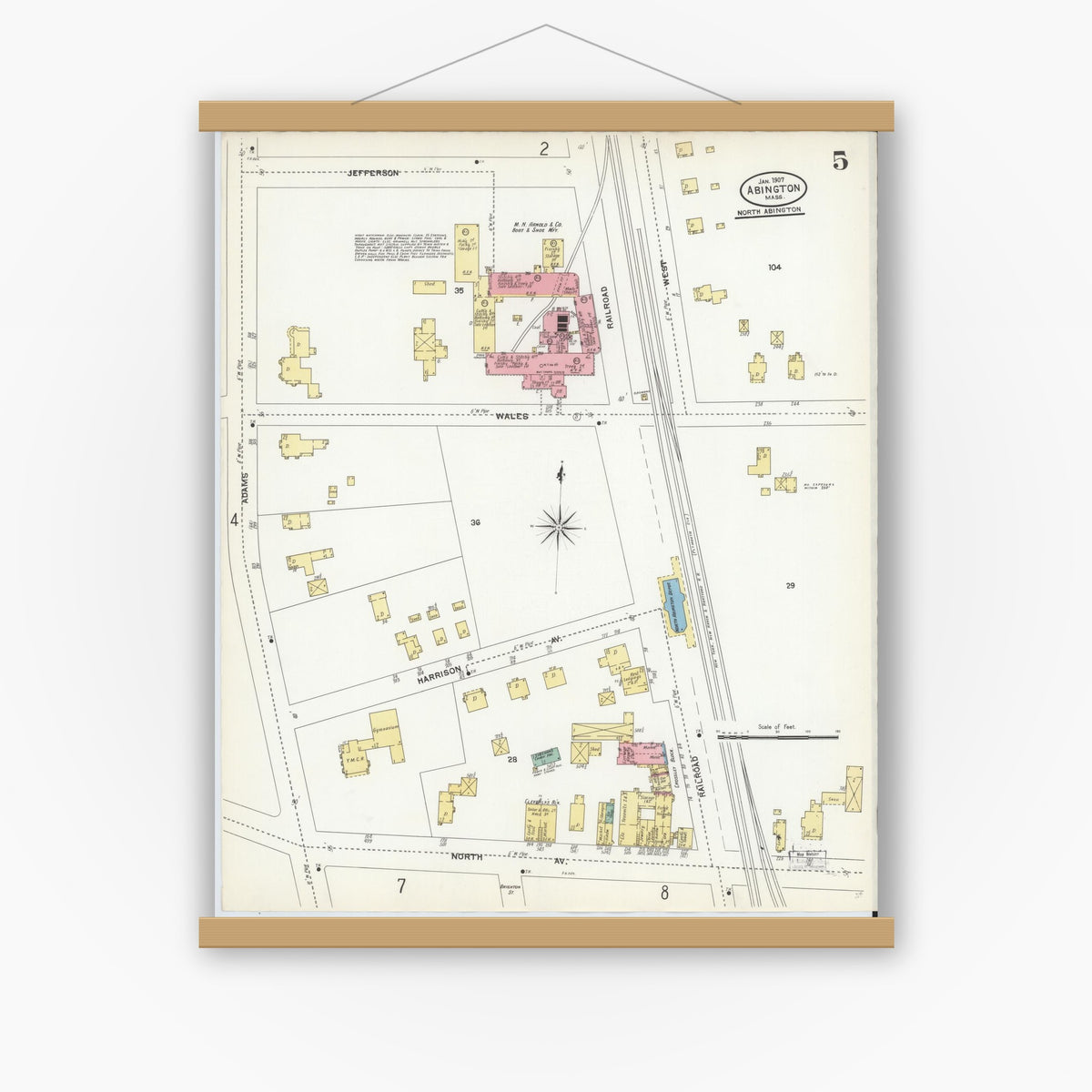 Old map wall art mockup — magnetic wood frame on white wall — Sanborn Fire Insurance Map from Abington, Plymouth County, Massachusetts (1907), Sheet #0005